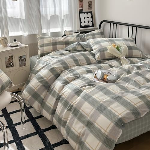 mixinni King Comforter Set Green Geometric Checkered Plaid Bedding Comforter Set Men Boys Modern Style All Season Soft Fluffy Lightweight Bedding Set-King Size