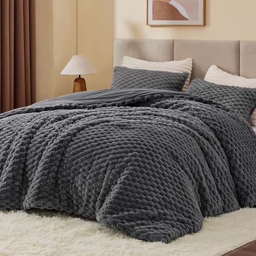 BEDELITE Fluffy Cal King Comforter Set, Grey Fleece Bed Set 3 Pieces