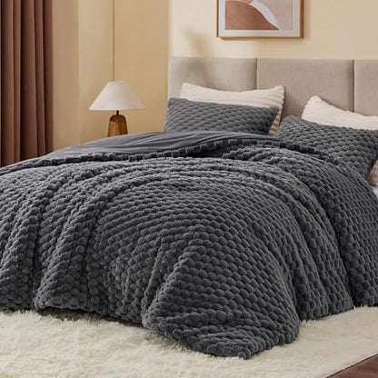 BEDELITE Fluffy Queen Comforter Set, Dark Grey Fleece Bed Set 3 Pieces
