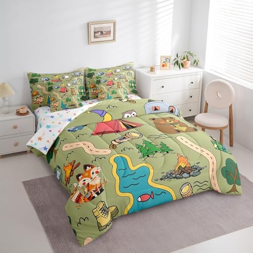 Erosebridal Camping Themed Bedding Set for Kids Teens,Cartoon Animal Comforter Set Twin Size,Camping Lover (Comforter+Fitted+Flat Sheet+2 Pillowcases+2 Throw Pillow Covers) 7 Pieces Bed Set