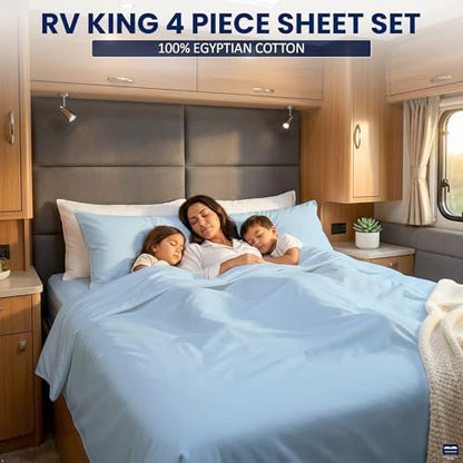 Cottingon 4 Piece RV King Sheets Fits 15" Deep, Egyptian Cotton, Light Blue