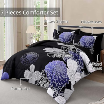Yiran Floral Comforter Set Queen 7 Pieces Bed in a Bag Purple White Black Flower Comforter Soft Microfiber Bedding Sets for All Seasons 90"×90"