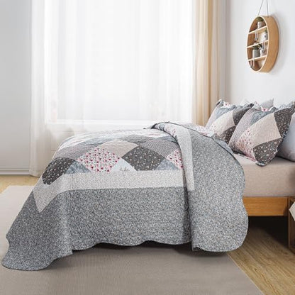 HoneiLife King Quilt Bedding Set - 3 Pieces Microfiber Quilt Sets Lightweight Bedspreads Reversible Coverlets Retro Bed Cover Quilt King Size All Season Quilts-Grey