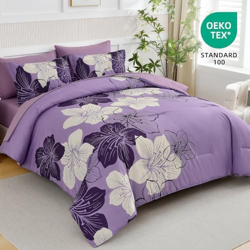 Luxudecor Floral Comforter Set Queen, 7 Pieces Lavender Purple Bedding Set