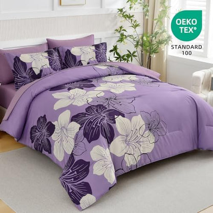Luxudecor Floral Comforter Set Queen, 7 Pieces Lavender Purple Bedding Set