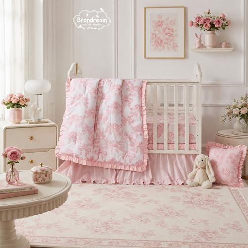 Brandream Organic Cotton Crib Bedding Set for Girls 3 Pieces Baby Boho Ruffled Quilted Comforter with Fitted Sheet, Bed Skirt - Cute French Cottage Botanical Rose Bow Baby Bedding, Light Pink