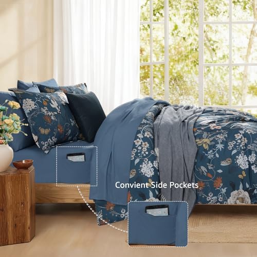 King Size Comforter Set- 7 Pieces Blue Floral Bed in a Bag King Bedding Set