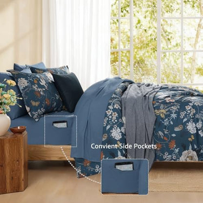 Queen Comforter Set - 7 Pieces Blue Floral Bed in a Bag Queen Bedding Sets