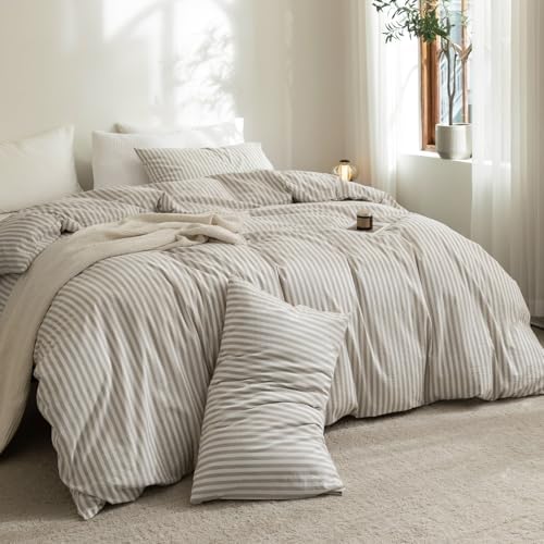 FOSSA Striped Duvet Cover Set 100% Washed Cotton Linen Feel Twin