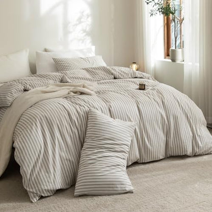 FOSSA Striped Duvet Cover Set 100% Washed Cotton Linen Feel Twin