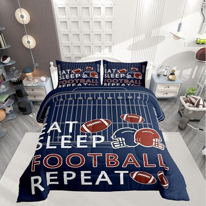 Castle Fairy Rugby Twin Size Comforter Set,Football Field Quilt Set Soft Bed Collection,Ball Sports Games Navy Blue Bedding Comforter for Boys Girls Room Decor,2 Pcs