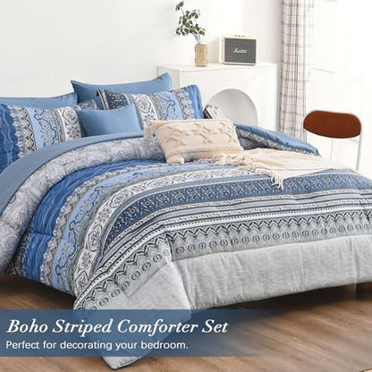 Cottolester Boho Queen Comforter Set,Blue and Grey Striped Bed in a Bag