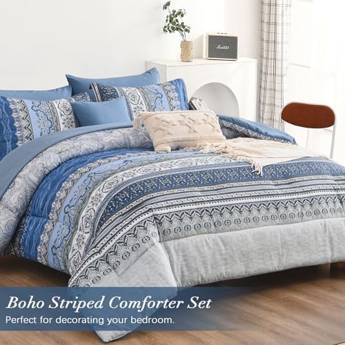 Cottolester Boho Comforter Set King Size,Blue and Grey Striped Bed in a Bag
