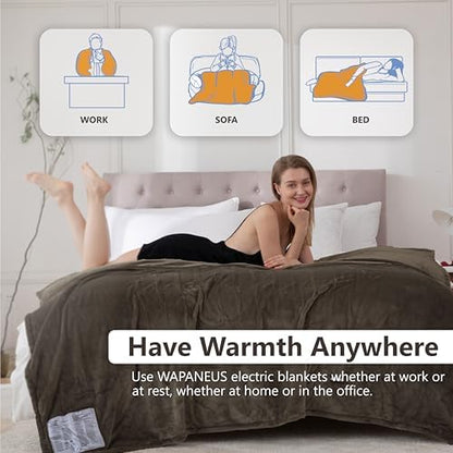 Wapaneus Heated Blanket Electric Full Size 72"x84" with 10 Heating Levels 12 Timer Settings and 8 Hours Auto-Shut Off,Flannel Fast-Heating Electric Blanket,ETL Listed Machine Washable,Dark Brown