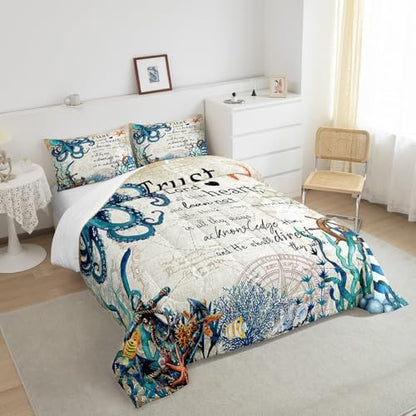 Homewish Sea Octopus Comforter Set Full Size,Nautical Anchor Lighthouse Bedding Set 3Pcs for Kids Girls Boys Adult Room Decor,Ocean Animals Quilt Set Vintage Bible Quotes Duvet Insert,2 Pillowcases