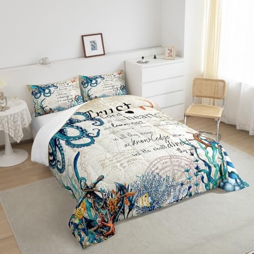 Ocean Octopus Comforter Set Twin Size Ocean Nautical Adventure Bedding Set Vintage Coral Fish and Sealife Quilted Duvet Navy Blue Anchor Lighthouse Duvet Insert for Kids Boys Teens Bedroom 2pcs