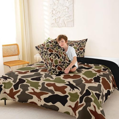 Duck Hunting Comforter Set -Army Camo Comforter Full Size Green Brown Camouflage Bedding Set for Kids Women Men Bedroom Decor Fashion Rustic Farmhouse Wild Animal Quilt Duvet,3 Pcs with 2 Pillowcase