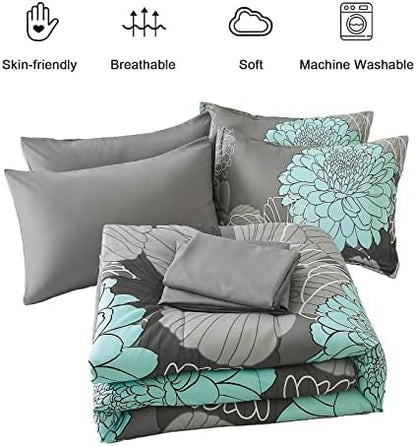 Yiran 7 Pieces Bed in a Bag Floral Comforter Set Green Flowers Bedding Set Soft Microfiber King Boho Comforter Sets with 1 Comforter 1 Flat Sheet 1 Fitted Sheet 2 Pillowshams and 2 Pillowcases