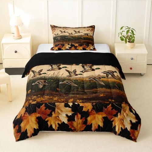 Feelyou Mallard Duck Bedding Set Soft for Boys Girls, Wild Duck Hunting Comforter Set Toddler Size Cabin Farmhouse Duvet Quilt Microfiber Maple Leaf Bedroom Decor 2 Pcs with 1 Pillow Cases