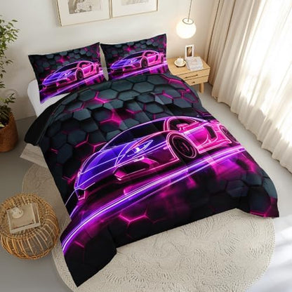 HOSIMA Race Car Gaming Queen Bedding Sets for Boys with 2 Pillowcases.