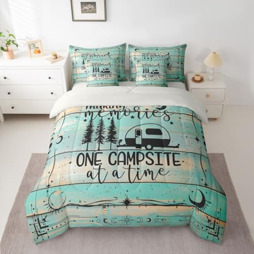Erosebridal 7 Pieces Rv Camper Bed Set Queen Happy Camping Comforter and Sheets - Country Rustic Farmhouse Bed in A Bag for Kids Teens Adult,Vintage Wooden Barn Door Comforter Green Bedding Sheet Set