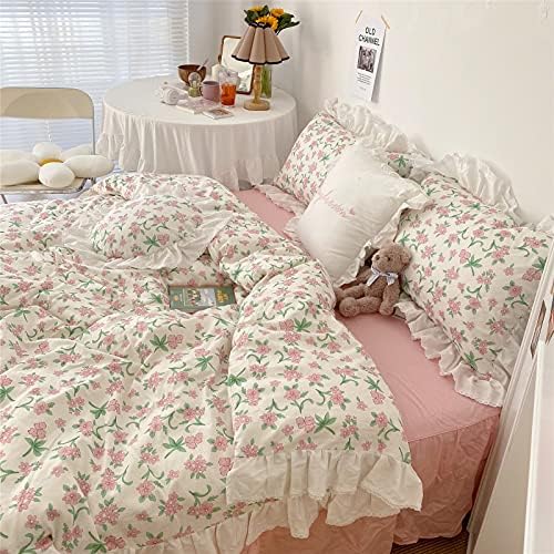 VM VOUGEMARKET Girls Ruffle Bedding Set Twin XL 3 Pieces Pink Flower Duvet Cover Set with Lace Edge-100% Cotton Elegant Princess Style Comforter Cover-68x90 Inch
