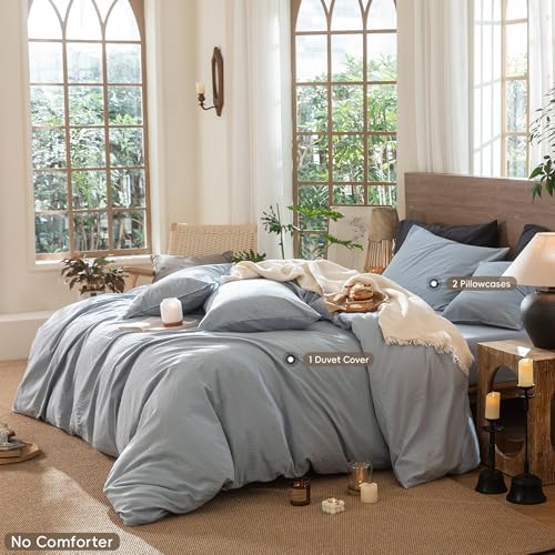 MooMee Wavy Striped Duvet Cover Set 100% Washed Cotton Linen Like Textured Breathable Durable Soft Comfy (Cornflower Blue, Super King 108"x98")