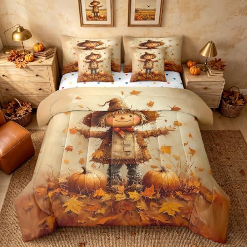 Erosebridal Autumn Farm Twin Comforter Set 7 Piece for Kids Boys Girls Scarecrow Fall Harvest Bed in A Bag with Sheets Pumpkin Maple Leaf Print Bedding Set Brown Retro Bed Set Room Decor