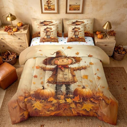 Erosebridal Autumn Farm Twin Comforter Set 7 Piece for Kids Boys Girls Scarecrow Fall Harvest Bed in A Bag with Sheets Pumpkin Maple Leaf Print Bedding Set Brown Retro Bed Set Room Decor