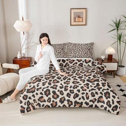jejeloiu Leopard Bedding Set Soft for Boys Girls, Animal Skin Comforter Set Queen Size Animal Print Duvet Quilt Microfiber Bedroom Decor 3 Pcs with 2 Pillow Cases