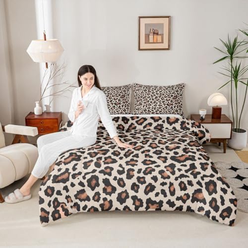 jejeloiu Leopard Bedding Set Soft for Boys Girls, Animal Skin Comforter Set King Size Animal Print Duvet Quilt Microfiber Bedroom Decor 3 Pcs with 2 Pillow Cases