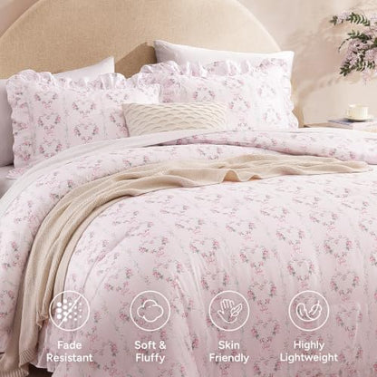Andency Pink Bow Ruffle Comforter Queen, 3 Pieces Floral Bedding