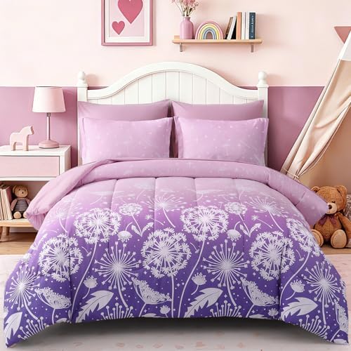 Dinjoy Girls Comforter Set 7 Pieces, Queen Size Colorful Ombre Rainbow Bedding Set, Bed in A Bag for Kid Teen Girls (1 Comforter, 1 Flat Sheet, 1 Fitted Sheet, 2 Pillow Shams, 2 Pillowcases)
