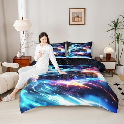 Modern Race Car Toddler Comforter Set Lightning Wolf Animal Bedding for Kids Boys Teen Room Decor Watercolor 3D Cool Racing Car Quilt Bed Set With 1 Pillowcase Rainbow Extreme Sports Devut Insert