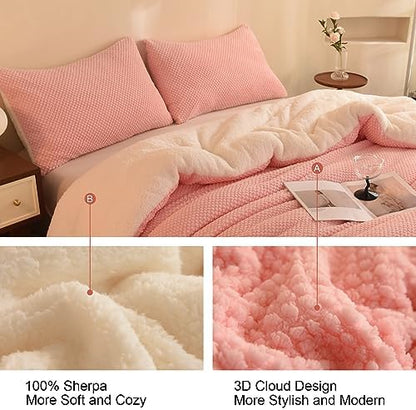 LLanCL 3D Jacquard Design Comforter Set, Ultra-Soft Warm Twin Size Sherpa Fur Plush 2-Pieces Sets Luxury Cozy Bedding with 1 Pillowcase (68"x90", Pink)