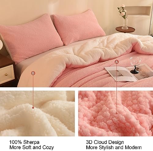 LLanCL 3D Jacquard Design Comforter Set, Ultra-Soft Warm King Size Sherpa Fur Plush 3-Pieces Sets Luxury Cozy Bedding with 2 Pillowcases (104"x90", Pink)