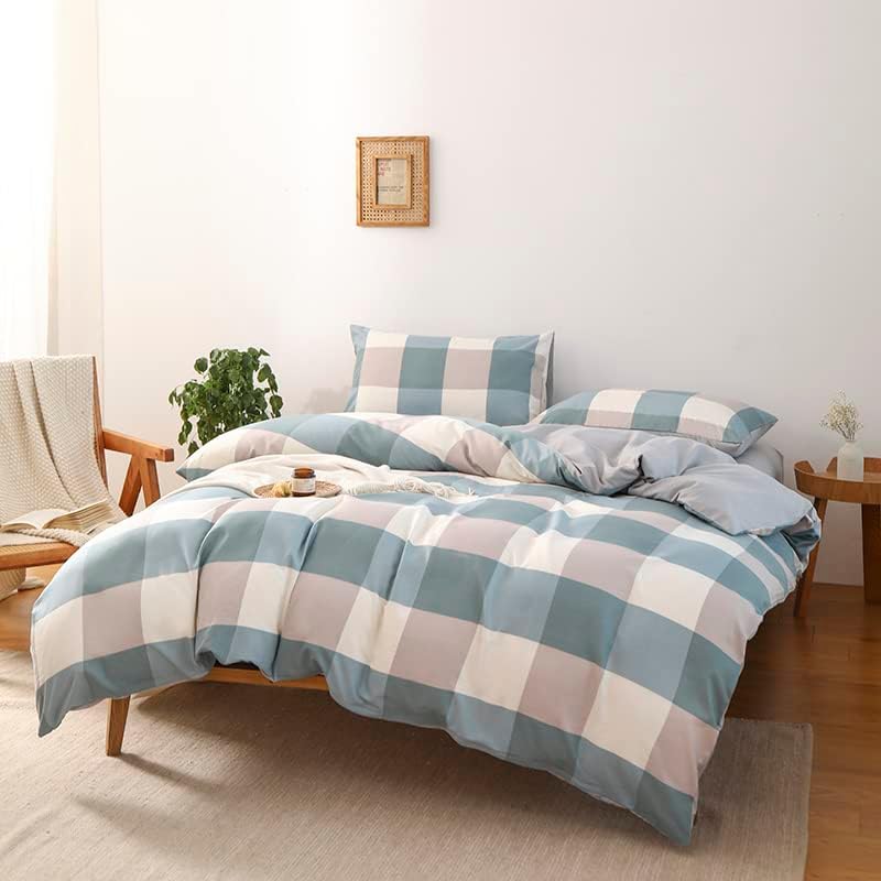 NSNLGSGC Buffalo Plaid Duvet Cover Set, Grayish Blue, Twin