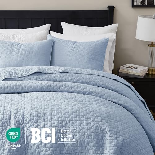 palassio Baby Blue 100% Cotton Quilt Twin Size Bedding Sets with 1 Pillow Sham, Textured Lightweight Soft Bedspread Shabby Chic Coverlet, Neutral Quilted Comforter Bed Cover for All Season, 2 Pieces