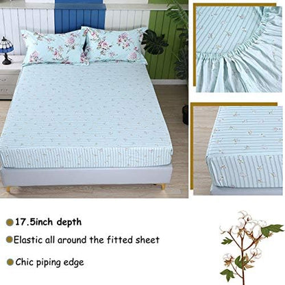 FADFAY Girls Floral Sheet Twin Premium 100% Cotton Blue Floral Rose and Hydrangea Print Bed Sheet Set Bed Sheets 4 Piece? 1Flat Sheet & 1 Fitted Sheet & 2 Pillowcase