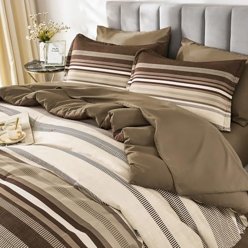 Dobuyly Brown Comforter Set Queen Size 7 Piece, Boho Striped Bed in a Bag Queen Soft Microfiber Chocolate Brown Bedding Sets with Comforter, Sheets, Pillowcases & Shams All Season