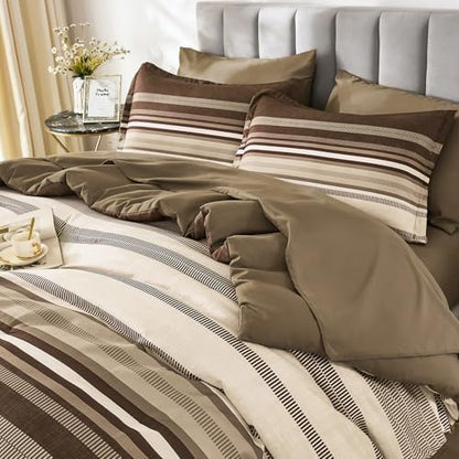 Dobuyly Brown Comforter Set Queen Size 7 Piece, Boho Striped Bed in a Bag Queen Soft Microfiber Chocolate Brown Bedding Sets with Comforter, Sheets, Pillowcases & Shams All Season