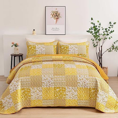 Mybedsoul Boho Quilts Queen Size, Floral Patchwork Fall Bedding Set, Yellow