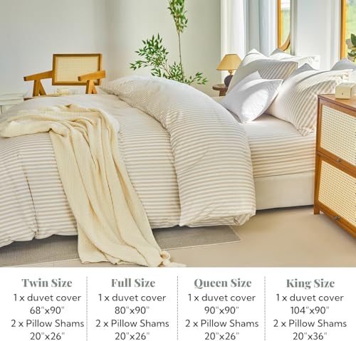 Striped Duvet Cover Set Full Size 100% Washed Cotton Linen Feel 3 Piece Bedding Set Comfy Breathable (Full, Classic Stripe-Beige/White)