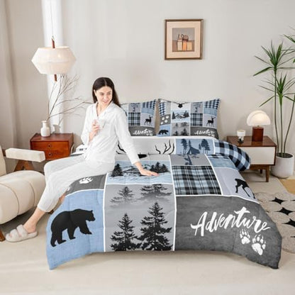 Manfei Deer Antler Comforter Set Full Size,Bear Paws Rustic Farmhouse Xmas Bedding Set for Kids Boys Girls Adults Room Decor,Plaids Patchwork Adventure Down Comforter,Blue Duvet Insert,2 Pillowcases