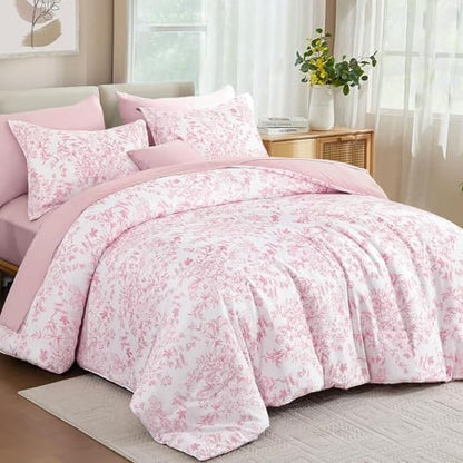 6 Pieces Pink Comforter Set Twin Size, Floral Bed in a Bag Comforter Sets