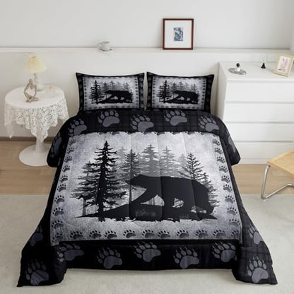 Castle Fairy Bear Print Full Size Kids Comforter Set,Wild Animal Bedding Comforters Pine Trees Retro Bedroom Collection,Rustic Farmhouse Grid Plaid Hunting Cabin Decor Bedding Set for Man Adult, Grey