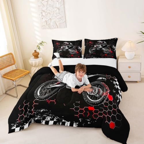 Castle Fairy Dirt Bike Twin Size Comforter Set for All Seasons,Extreme Sports Racing Car Bedding Set Teens Bedroom Decor,Red Geometric Honeycomb Comforter Inner Fill with 1 Pillowcase