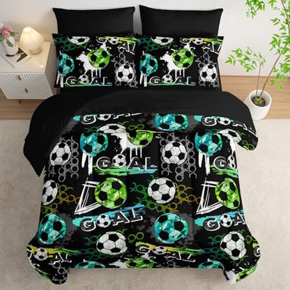 AILONEN Soccer Print Comforter Set Twin Size,7-Piece Football Sports with Blue Green White Soccer Pattern Bed in a Bag,Comforter & Fitted Sheet & Flat Sheet & 2 Pillowcases,Soft Microfiber