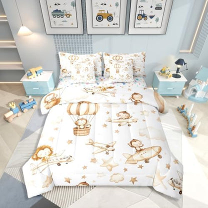 Erosebridal Kids Airplane 7 Pcs Bedding Set Queen, Cartoon Aircraft Comforter Set with Sheets, Hot Air Balloon Star Cloud Bed in A Bag, Cute Monkey Lion Wildlife Bed Sets for Boys Girls Adults