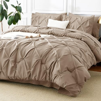 CozyLux Full Size Comforter Sets Khaki, 7 Pieces Pintuck Bed in a Bag